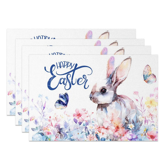 Lofaris Easter Set of 4 Placemats Watercolor Rabbit Profile Blue Happy Wildflower Table Mats