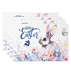 Lofaris Easter Set of 4 Placemats Watercolor Rabbit Profile Blue Happy Wildflower Table Mats
