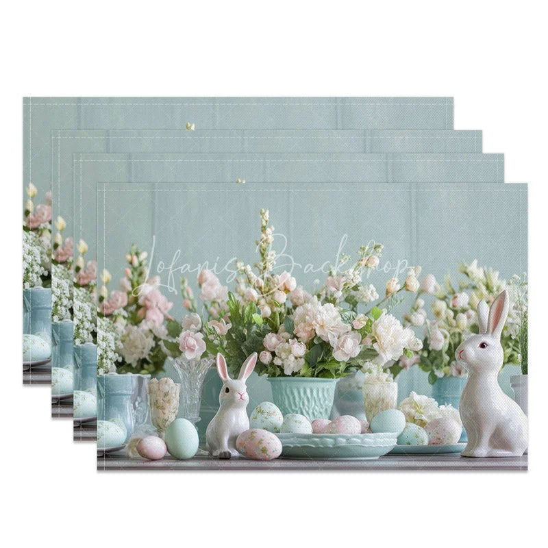 Lofaris Easter Set of 4 Placemats White Ceramic Bunnies Pastel Eggs Floral Blue Wood Spring Table Mats