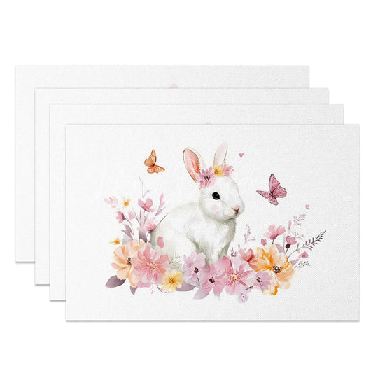 Lofaris Easter Set of 4 Placemats White Rabbit Flower Crown Spring Butterfly Floral Dining Table Mats