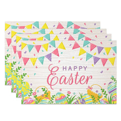 Lofaris Easter Set of 4 Placemats Wood Texture Bunting Flags Happy Eggs Grass Dining Table Mats