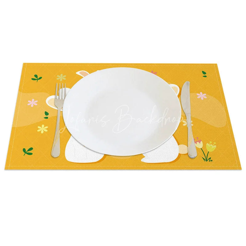 Lofaris Easter Set of 4 Placemats Yellow Background Cute Bunnies Happy Carrot Egg Dining Table Mats