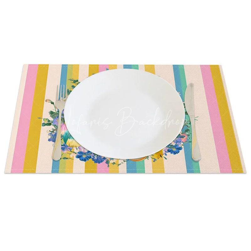 Lofaris Easter Set of 4 Placemats Yellow Blue Pink Stripes White Rabbit Wreath Dining Table Mats