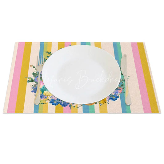 Lofaris Easter Set of 4 Placemats Yellow Blue Pink Stripes White Rabbit Wreath Dining Table Mats