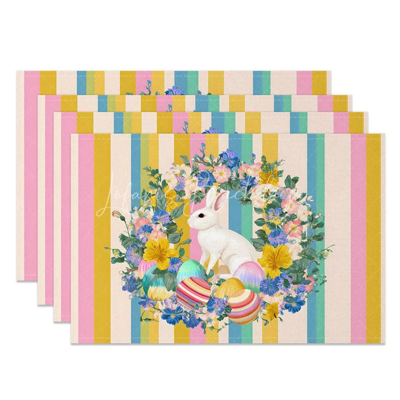 Lofaris Easter Set of 4 Placemats Yellow Blue Pink Stripes White Rabbit Wreath Dining Table Mats
