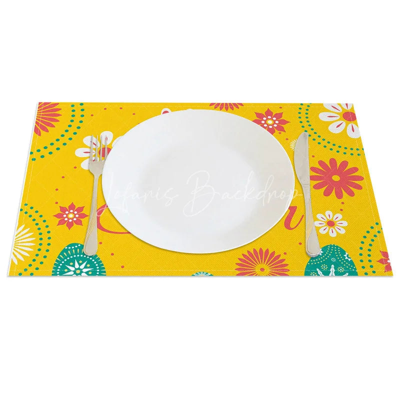 Lofaris Easter Set of 4 Placemats Yellow Floral Mandala White Bunny Happy Dining Table Mats