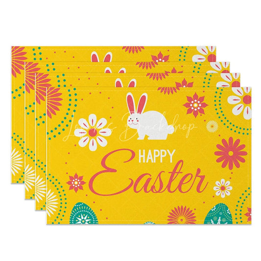 Lofaris Easter Set of 4 Placemats Yellow Floral Mandala White Bunny Happy Dining Table Mats