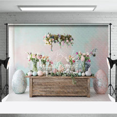 Lofaris Easter Spring Floral Table Setting Backdrop Glitter Eggs and Fresh Flowers Party Decoration