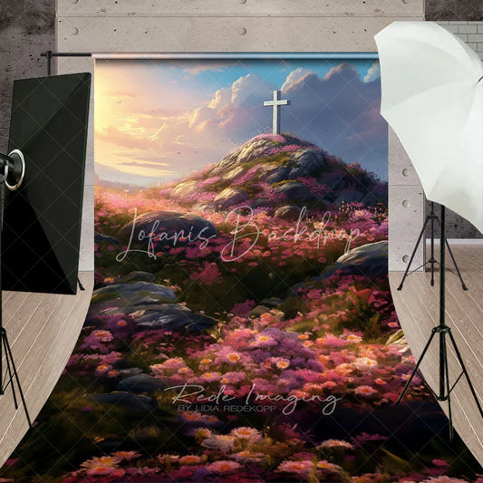 Lofaris Easter Sunrise White Cross Hill Backdrop Spring Pink Floral Meadow Landscape Religion Photography Background