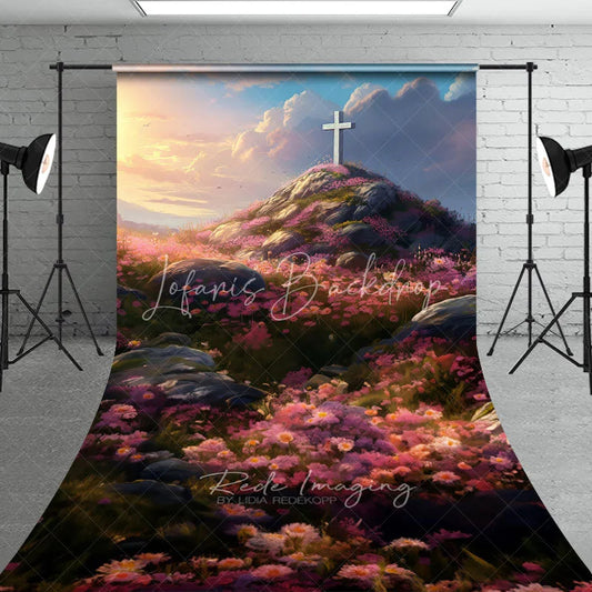Lofaris Easter Sunrise White Cross Hill Backdrop Spring Pink Floral Meadow Landscape Religion Photography Background