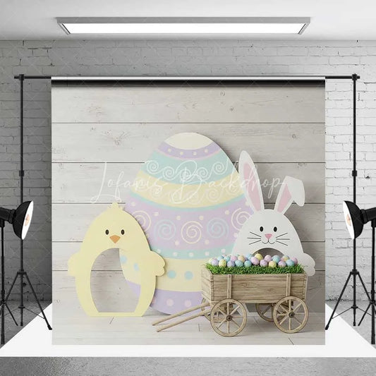 Lofaris Easter Wooden Wagon Backdrop Spring Bunny Chick Background Rustic Egg Cart Kids Birthday Party Photography Prop