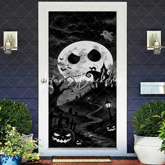 Lofaris Eerie Black and White Spooky Moon Haunted House Halloween Door Cover Graveyard Jack-o’-Lanterns Decor