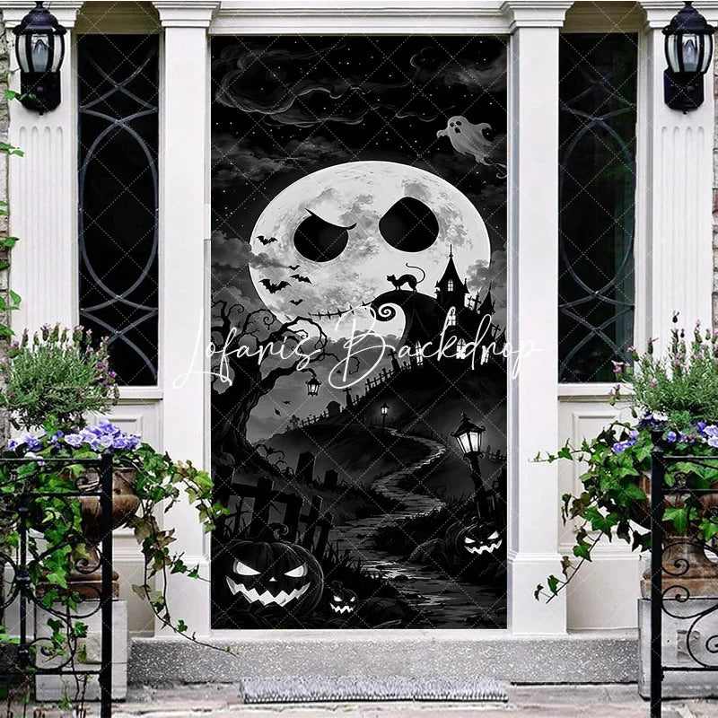 Lofaris Eerie Black and White Spooky Moon Haunted House Halloween Door Cover Graveyard Jack-o’-Lanterns Decor