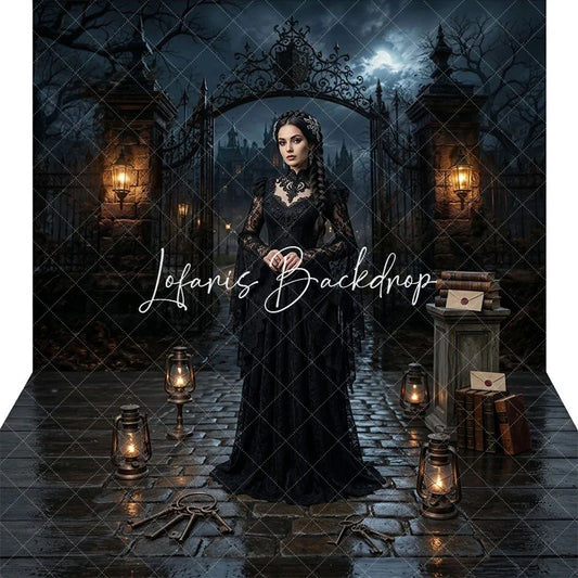 Lofaris Eerie Gothic Haunted Mansion Ornate Gate Moonlit Night Combo Set Backdrop Spooky Halloween Party and Dark Fantasy Decor