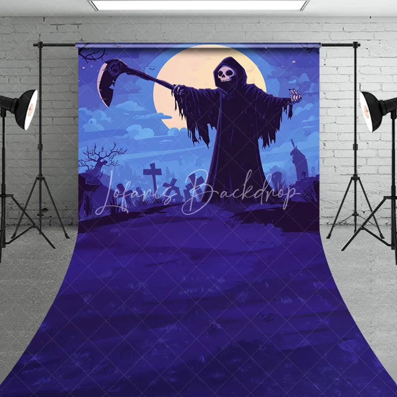 Lofaris Eerie Grim Reaper and Scythe Sweep Backdrop Full Moon Graveyard Halloween Night Party Decor