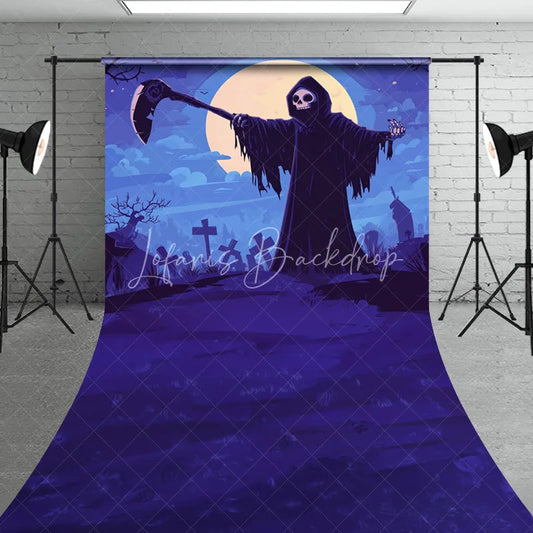 Lofaris Eerie Grim Reaper and Scythe Sweep Backdrop Full Moon Graveyard Halloween Night Party Decor