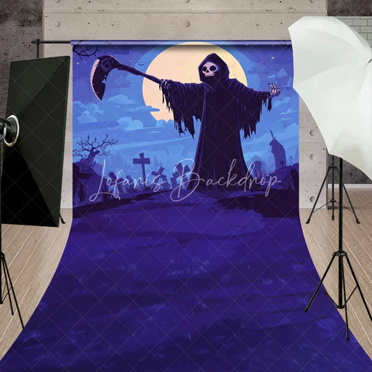 Lofaris Eerie Grim Reaper and Scythe Sweep Backdrop Full Moon Graveyard Halloween Night Party Decor