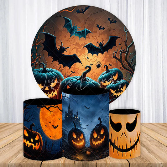 Lofaris Eerie Halloween Night Round Backdrop Kit with Glowing Jack-O-Lanterns Flying Bats and Haunted Castle Party Decor.