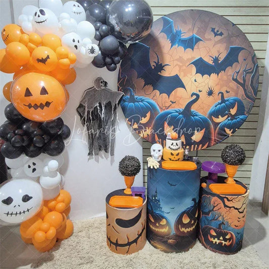 Lofaris Eerie Halloween Night Round Backdrop Kit with Glowing Jack-O-Lanterns Flying Bats and Haunted Castle Party Decor.