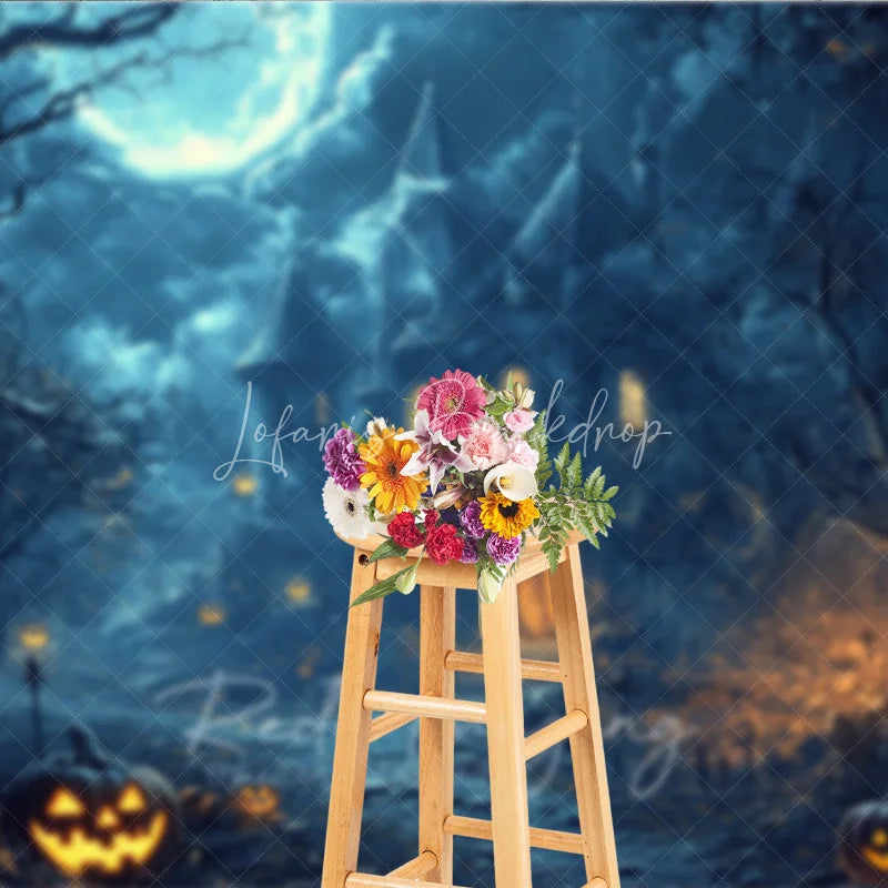Lofaris Eerie Haunted Castle Full Moon Halloween Holiday Backdrop Spooky Jack-o-Lanterns and Dark Trees Decor