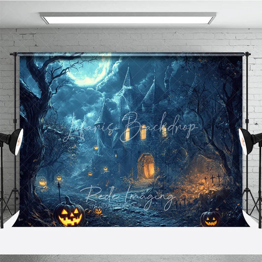 Lofaris Eerie Haunted Castle Full Moon Halloween Holiday Backdrop Spooky Jack-o-Lanterns and Dark Trees Decor