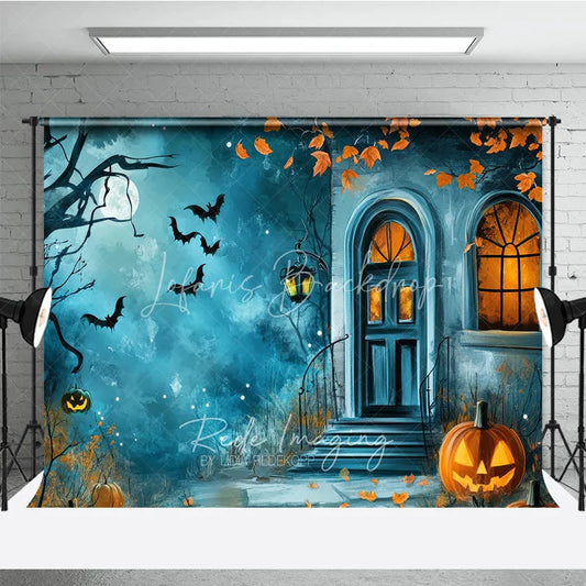 Lofaris Eerie Haunted House and Flying Bats Holiday Backdrop featuring Jack-O-Lanterns a Full Moon for Halloween Night