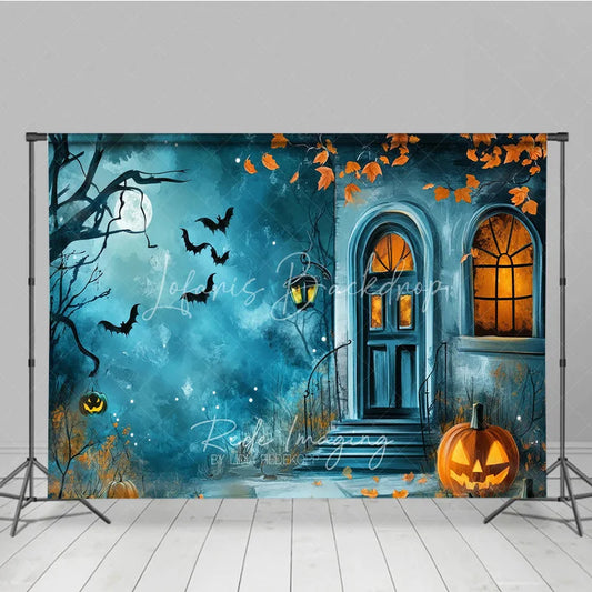 Lofaris Eerie Haunted House and Flying Bats Holiday Backdrop featuring Jack-O-Lanterns a Full Moon for Halloween Night