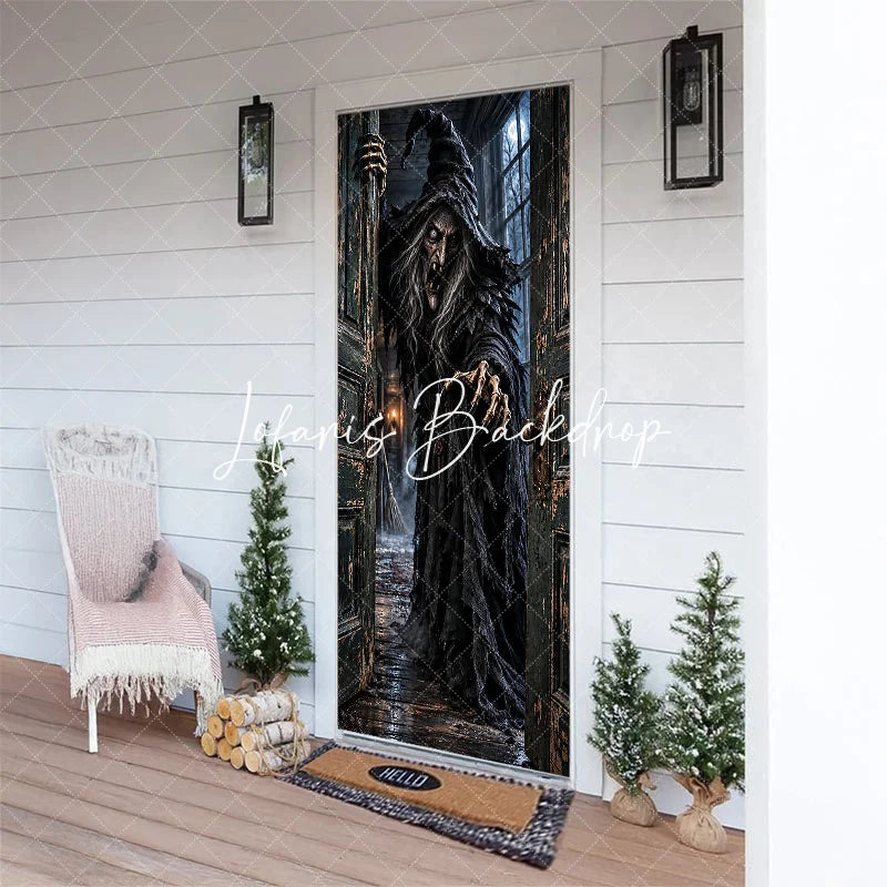 Lofaris Eerie Old Witch Haunted House Door Cover Spooky Halloween Party Decor with Full Moon and Distressed