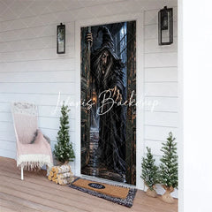 Lofaris Eerie Old Witch Haunted House Door Cover Spooky Halloween Party Decor with Full Moon and Distressed