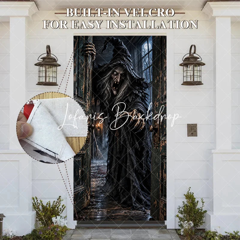 Lofaris Eerie Old Witch Haunted House Door Cover Spooky Halloween Party Decor with Full Moon and Distressed
