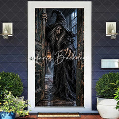 Lofaris Eerie Old Witch Haunted House Door Cover Spooky Halloween Party Decor with Full Moon and Distressed
