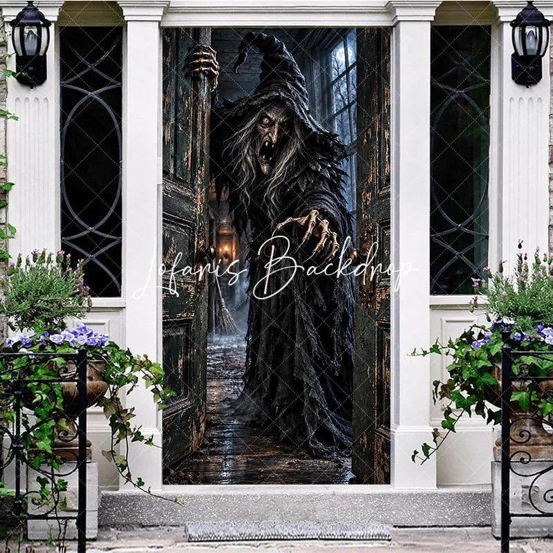 Lofaris Eerie Old Witch Haunted House Door Cover Spooky Halloween Party Decor with Full Moon and Distressed