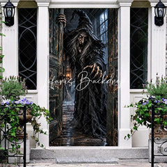 Lofaris Eerie Old Witch Haunted House Door Cover Spooky Halloween Party Decor with Full Moon and Distressed