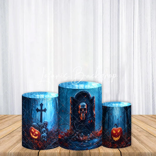 Lofaris Eerie Spooky Halloween Forest Cylinder Cover featuring Skulls Jack-o’-Lanterns and Tombstone Decor.