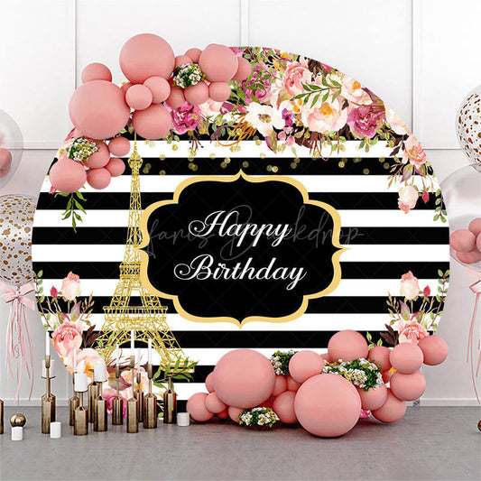 Lofaris Eiffel Tower Floral Stripe Round Birthday Backdrop