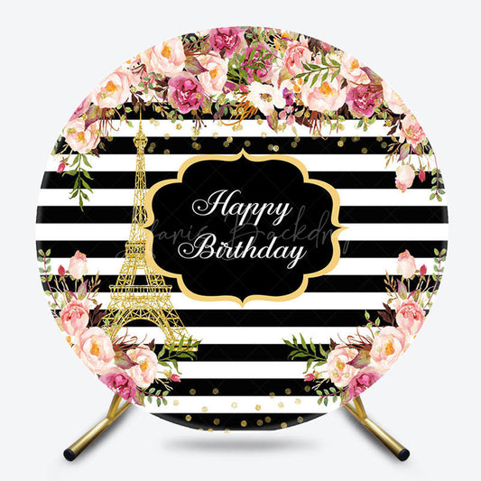 Lofaris Eiffel Tower Floral Stripe Round Birthday Backdrop