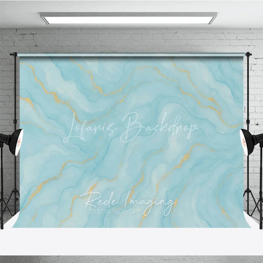 Lofaris Elegant Abstract Light Blue and Gold Watercolor Photography Backdrop Serene Fluid Marble Texture