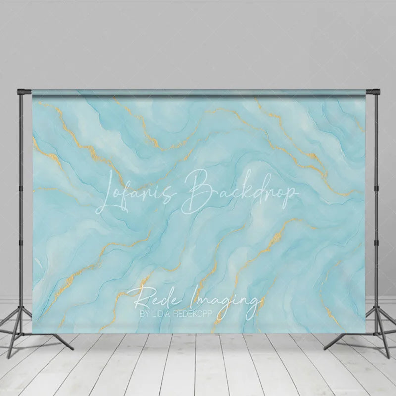 Lofaris Elegant Abstract Light Blue and Gold Watercolor Photography Backdrop Serene Fluid Marble Texture
