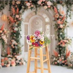 Lofaris Elegant Arched Door Peach Pink Floral Photography Backdrop Gold Detailing and Lanterns Wedding Event Party Decor