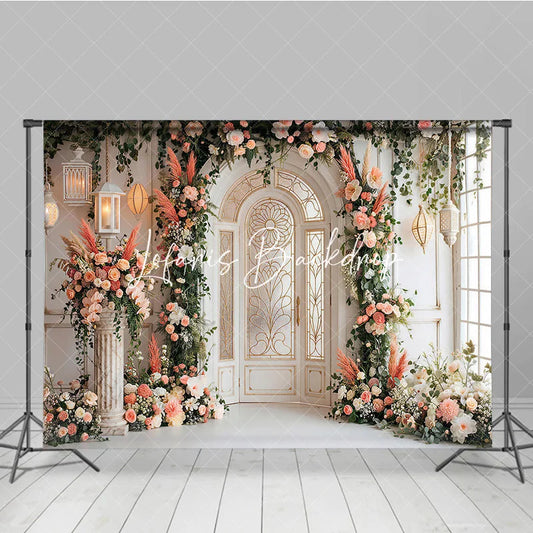 Lofaris Elegant Arched Door Peach Pink Floral Photography Backdrop Gold Detailing and Lanterns Wedding Event Party Decor