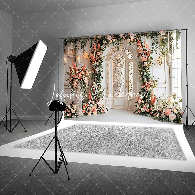 Lofaris Elegant Arched Door Peach Pink Floral Photography Backdrop Gold Detailing and Lanterns Wedding Event Party Decor