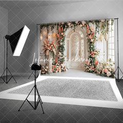 Lofaris Elegant Arched Door Peach Pink Floral Photography Backdrop Gold Detailing and Lanterns Wedding Event Party Decor