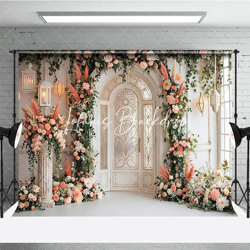 Lofaris Elegant Arched Door Peach Pink Floral Photography Backdrop Gold Detailing and Lanterns Wedding Event Party Decor