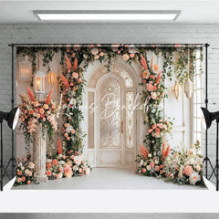 Lofaris Elegant Arched Door Peach Pink Floral Photography Backdrop Gold Detailing and Lanterns Wedding Event Party Decor