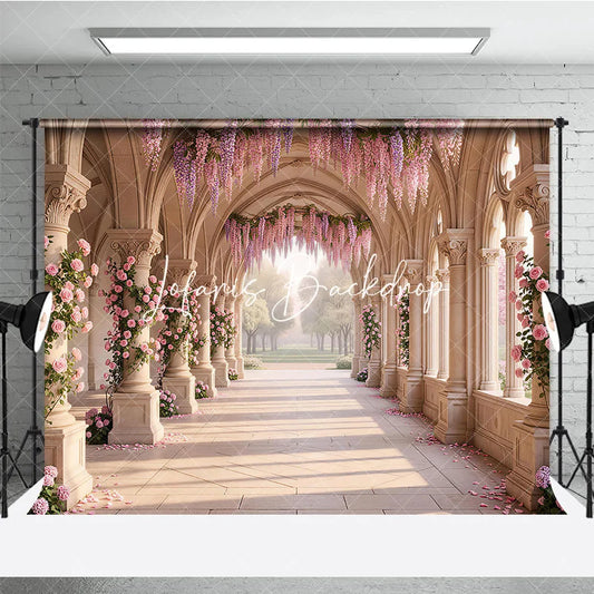 Lofaris Elegant Arched Hallway with Pink Roses and Purple Wisteria Photography Backdrop Dreamy Garden Wedding Party Decor