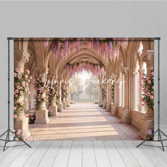Lofaris Elegant Arched Hallway with Pink Roses and Purple Wisteria Photography Backdrop Dreamy Garden Wedding Party Decor