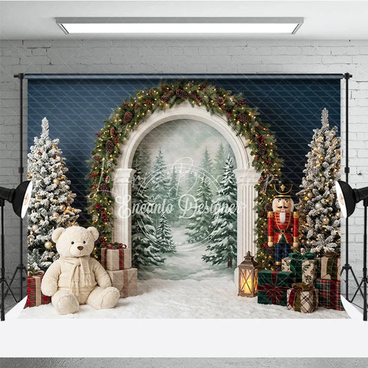 Lofaris Elegant Archway Holiday Backdrop Flocked Christmas Trees Nutcracker and Snowy Forest Scene for Festive Celebrations