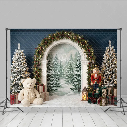 Lofaris Elegant Archway Holiday Backdrop Flocked Christmas Trees Nutcracker and Snowy Forest Scene for Festive Celebrations