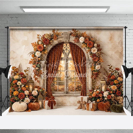 Lofaris Elegant Autumn Arched Window Photography Backdrop with Fall Leaves Pumpkins and Lanterns for Festive Decor