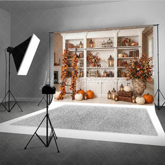 Lofaris Elegant Autumn Bookshelf Photography Backdrop with Pumpkins and Fall Leaves Decor Rustic Seasonal Scene
